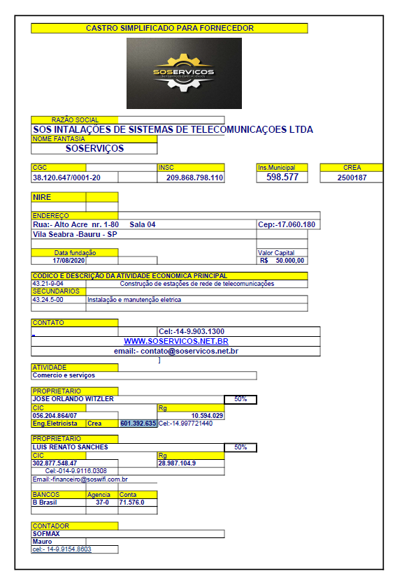 INFORMAÇÕES CADASTRAIS DA EMPRESA